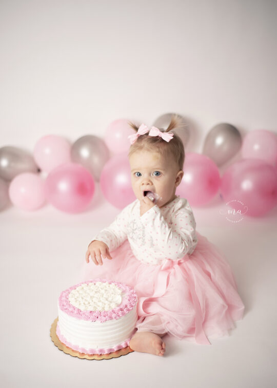 Metro Detroit photographer Melissa Anne Photography cake smash photo session pink and silver