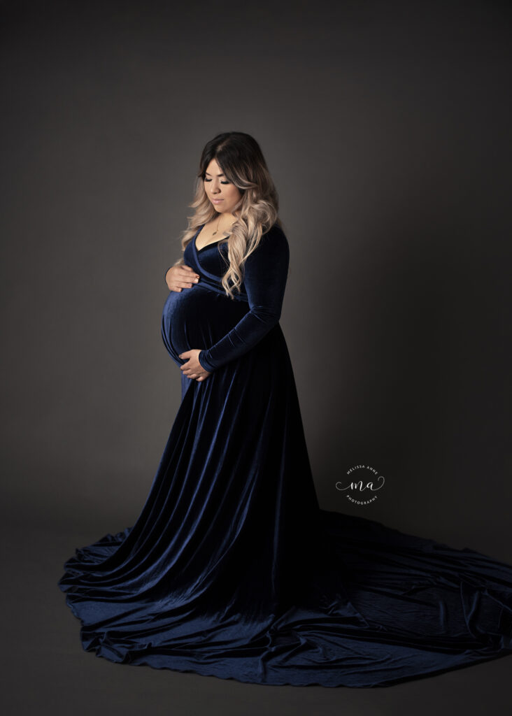 Michigan maternity newborn photographer Melissa Anne Photography royal blue velvet gown fine art maternity
