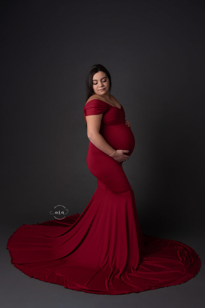 Michigan maternity newborn photographer Melissa Anne Photography studio session red mermaid gown