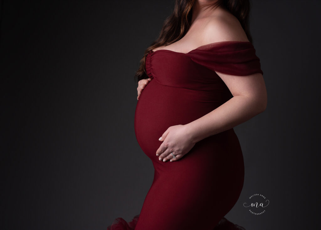 Michigan maternity newborn photographer Melissa Anne Photography burgundy gown