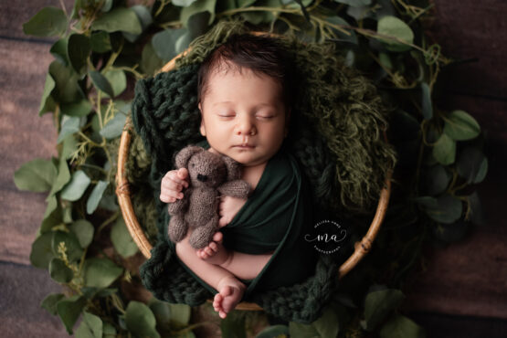 Michigan newborn photographer Melissa Anne Photography boho basket baby boy with teddy bear