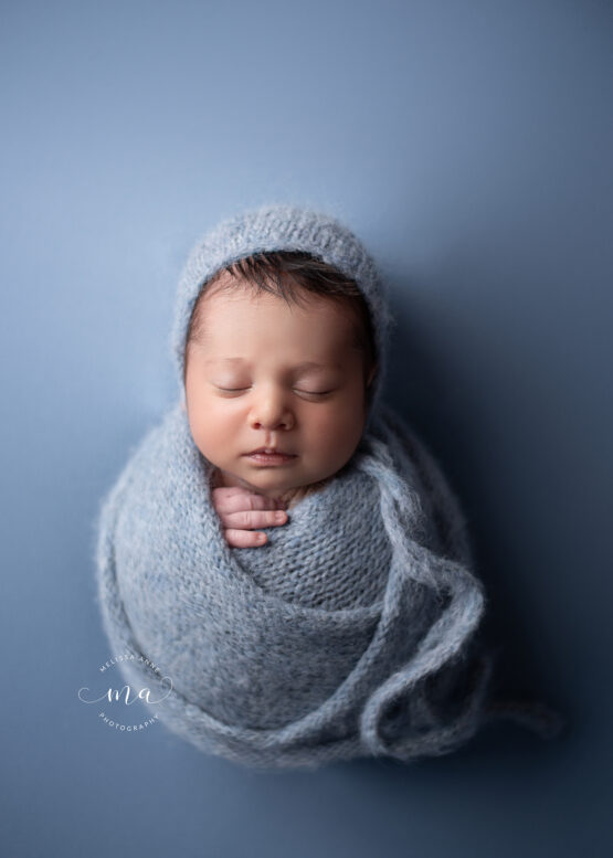 Michigan newborn photography Melissa Anne Photography potato sack pose baby blue