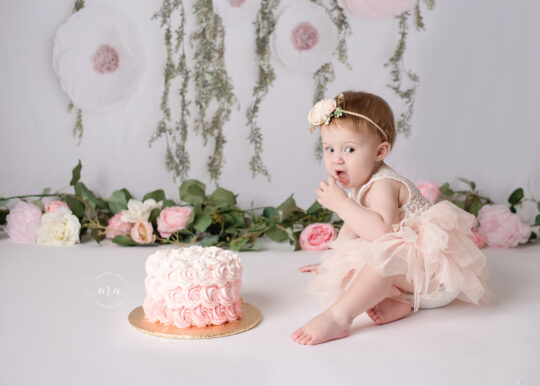 Michigan cake smash photo session Melissa Anne Photography spring flower pink and white