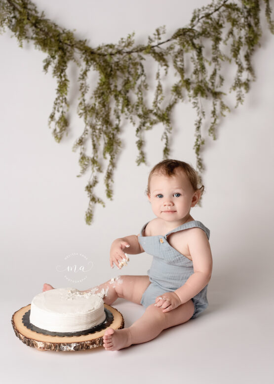 Michigan photographer Melissa Anne Photography cake smash neutral simplistic white with greenere