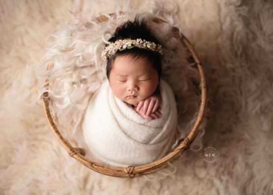 Michigan newborn photographer Melissa Anne Photography round boho basket with white fur baby girl