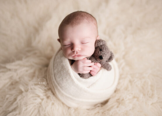 Troy Michigan newborn photographer Melissa Anne Photography potato sack pose with teddy bear