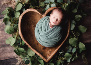 posed newborn photography Troy Michigan Melissa Anne Photography newborn boy in rustic wood heart bowl