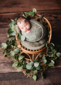 posed-newborn-photography-Troy Michigan newborn photographer Melissa Anne Photography baby girl on bamboo chair sage green with greenery