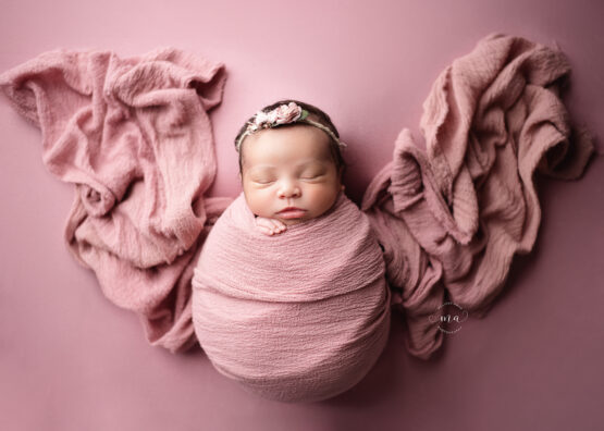 Michigan newborn photographer Melissa Anne Photography butterfly wrap with baby girl in pink