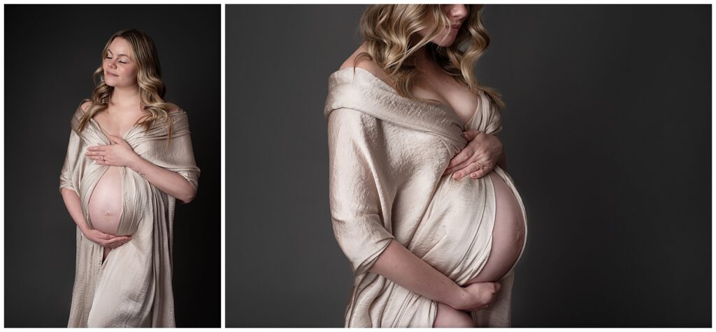 maternity-photography-Melissa-Anne-Photography-pregnant-mother-to-be-with-neutral-silky-scarf-draped-over-belly