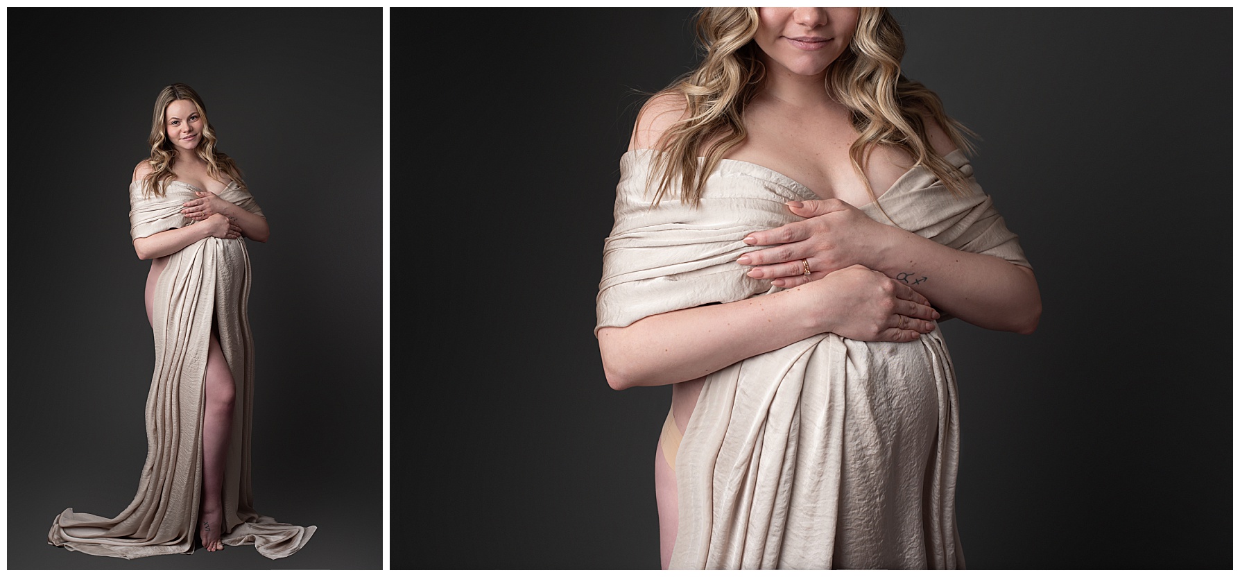 Michigan-Maternity-Melissa-Anne-Photography-silky-scarf-in-neutral-draped-around-pregnant-woman