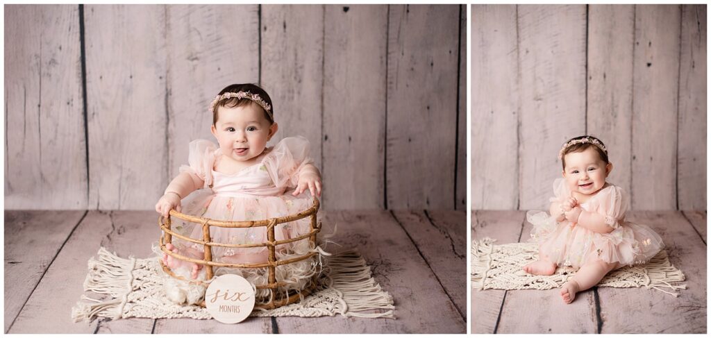 Metro Detroit photographer Melissa Anne Photography six month old girl in bamboo basket with pink tulle dress