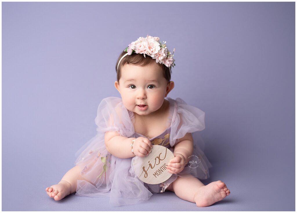 Metro Detroit photographer Melissa Anne Photography six month old girl in purple with headband