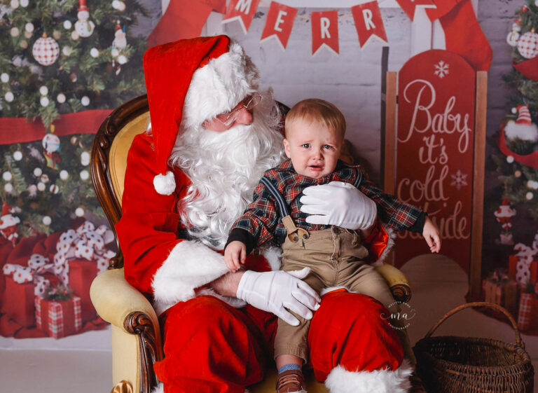 Christmas mini session Troy Michigan Melissa Anne Photography Santa holding little boy crying