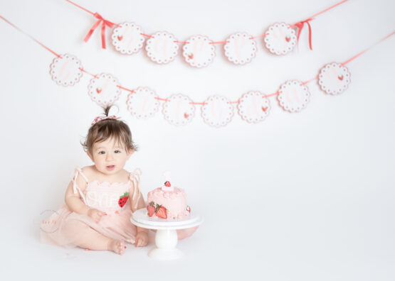 Troy Michigan photographer Melissa Anne Photography cake smash with one year old girl pink tulle dress