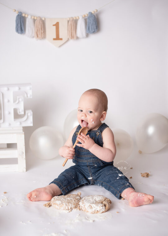 Troy Michigan photographer Melissa Anne Photography cake smash photo in studio with one year old boy