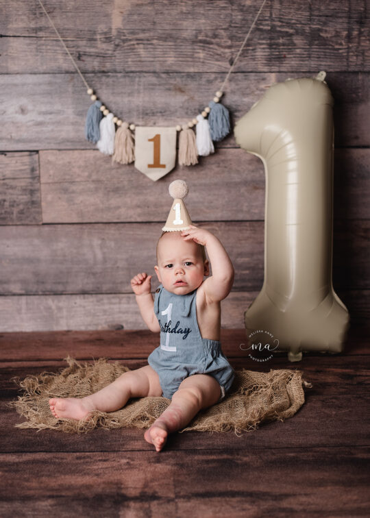 Troy Michigan photographer Melissa Anne Photography cake smash photo session with neutral decorations