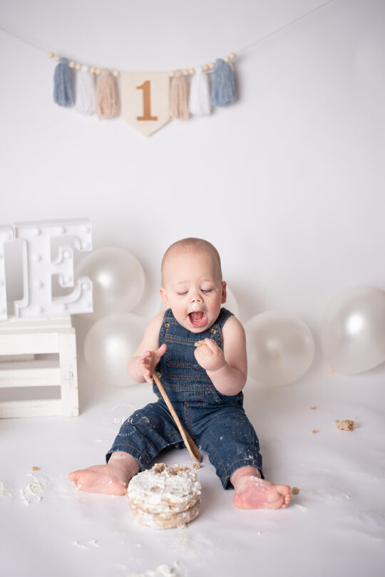 Troy Michigan photographer Melissa Anne Photography cake smash with one year old boy in overalls