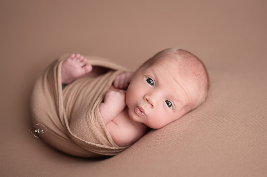 Rochester Hills Michigan newborn photographer Melissa Anne Photography baby boy wrapped with cute expression