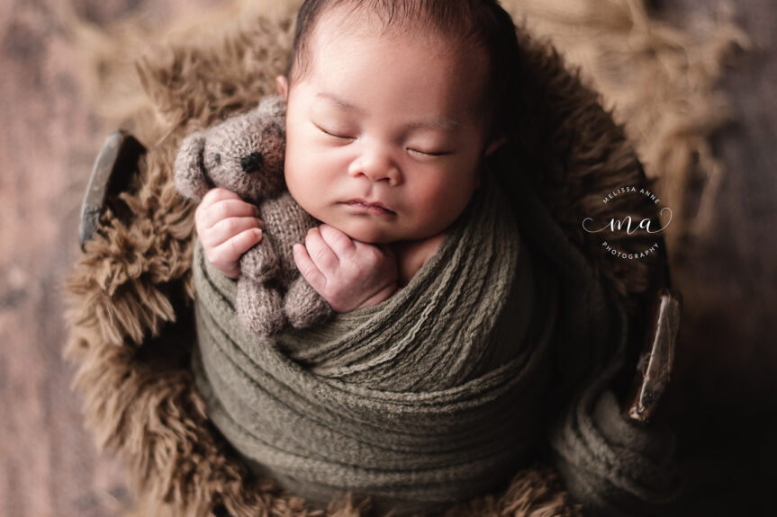 Troy Michigan newborn photographer Melissa Anne Photography baby boy in wood bucket holding teddy bear