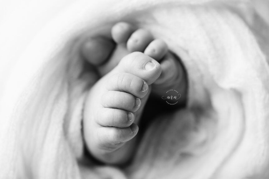 Troy Michigan newborn photographer Melissa Anne Photography macro detail of baby feet black and white photo
