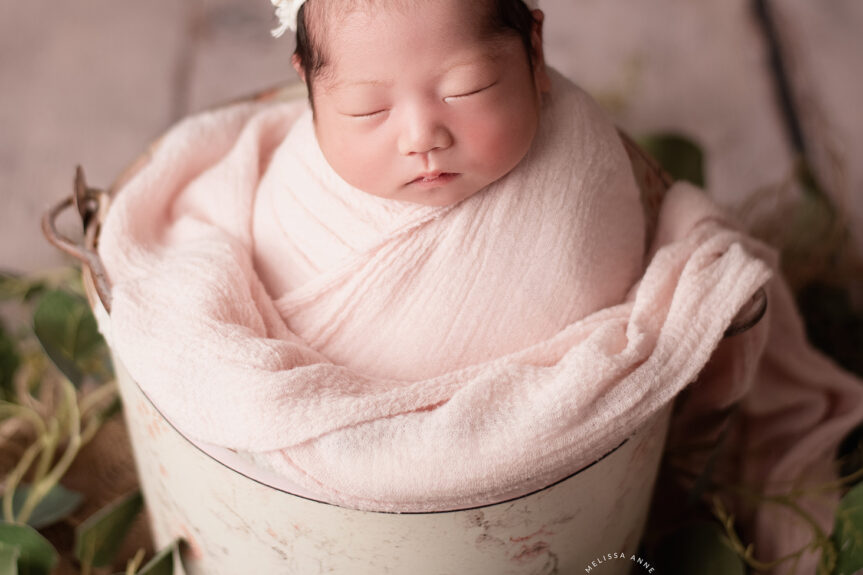 Metro Detroit Michigan newborn photographer Melissa Anne Photography baby girl posed in pink bucket
