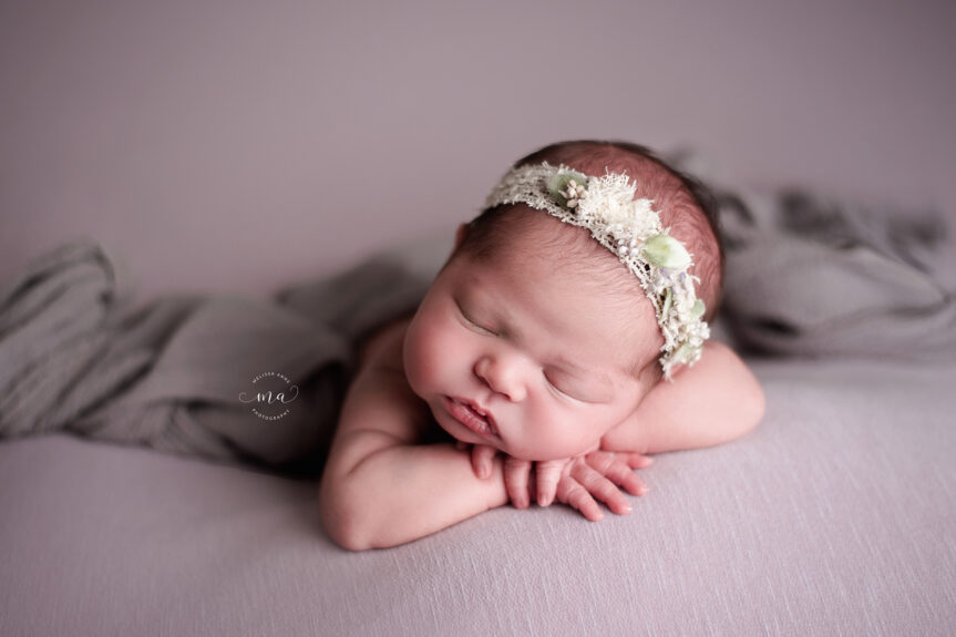 Berkley Michigan newborn photographer Melissa Anne Photography baby girl with purple flowy wrap and headband