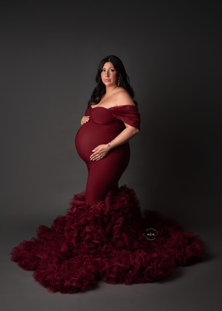 Birmingham Michigan maternity newborn photographer Melissa Anne Photography studio maternity photo session with couture gown