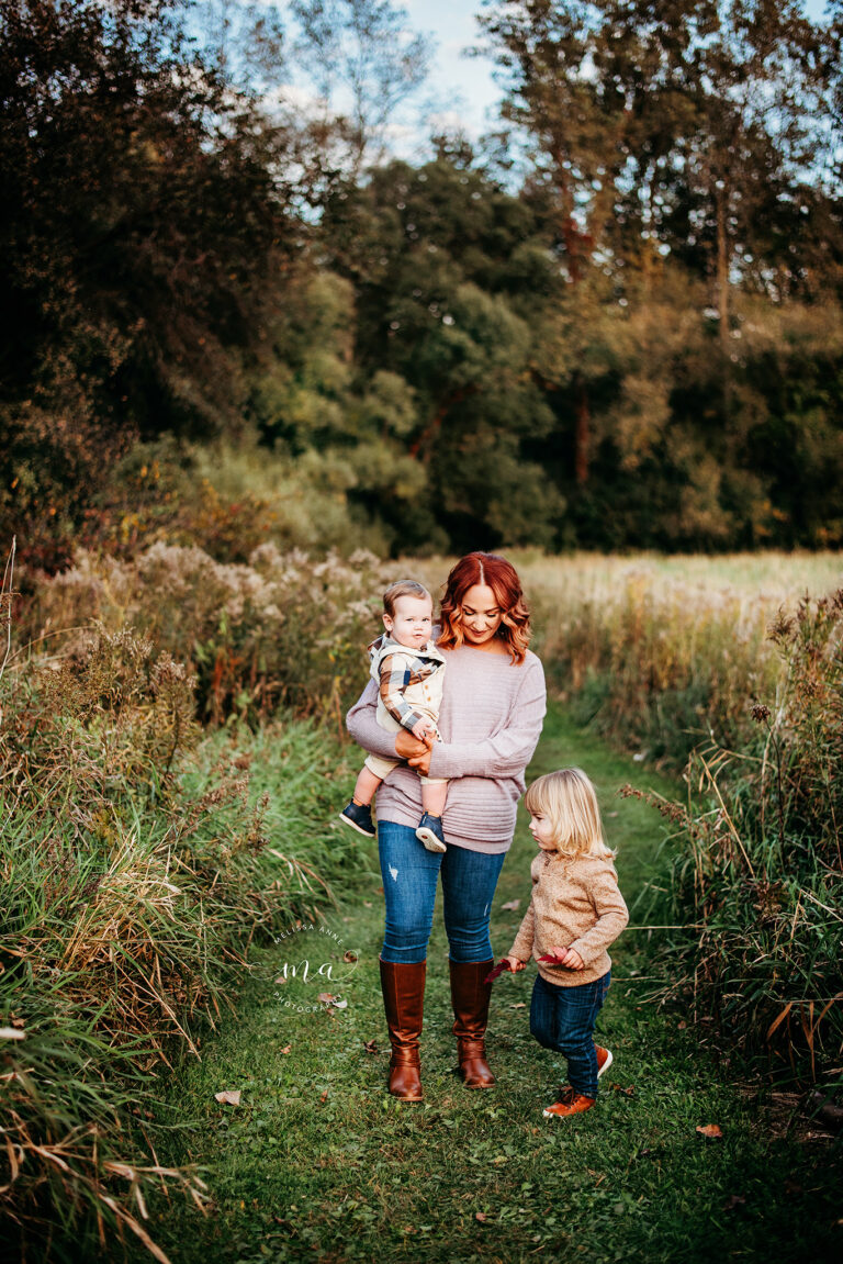 Metro Detroit Michigan family photographer Melissa Anne Photography mom with boys at park in the fall