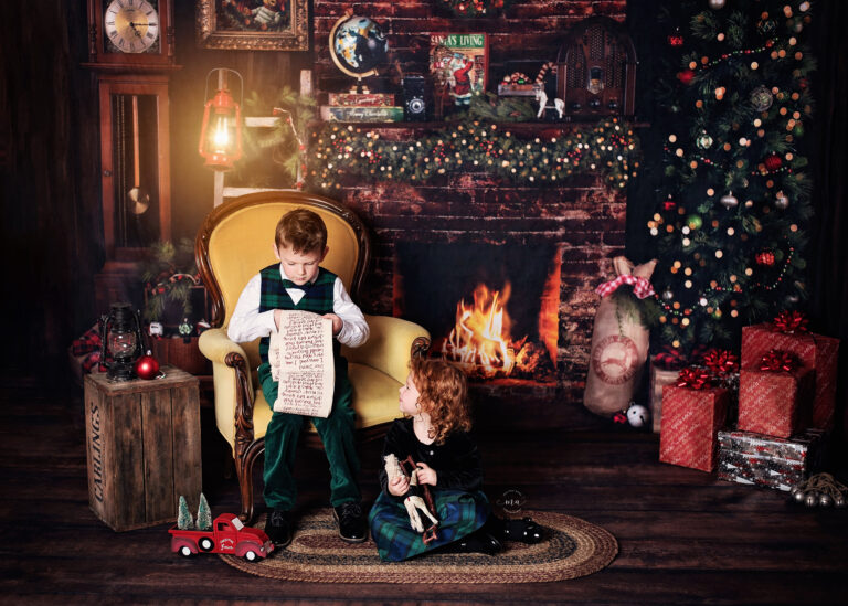 Troy Michigan Christmas mini sessions Melissa Anne Photography brother and sister in front of fireplace in vintage family room