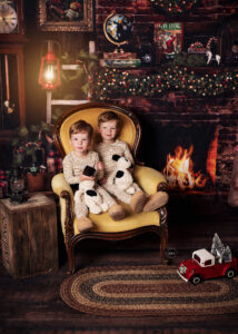 Troy-Michigan-Christmas-mini-sessions-Melissa-Anne-Photography-twin-boys-sitting-in-front-of-fireplace-in-vintage-family-room